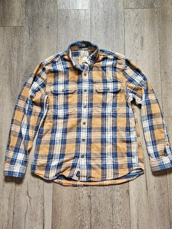 L.L. Bean Other - LL Bean Flannel Shirt Mens Medium Regular Mustard Blue Plaid Button Up 520381